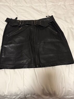 Black Faux Leather Zip Front Mini Skirt with Belt